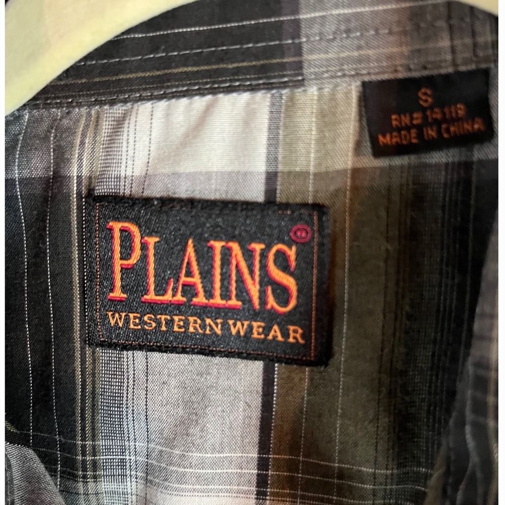 Plains Western Wear Pearl Snap Shirt Mens Small Olive Green Black Plaid